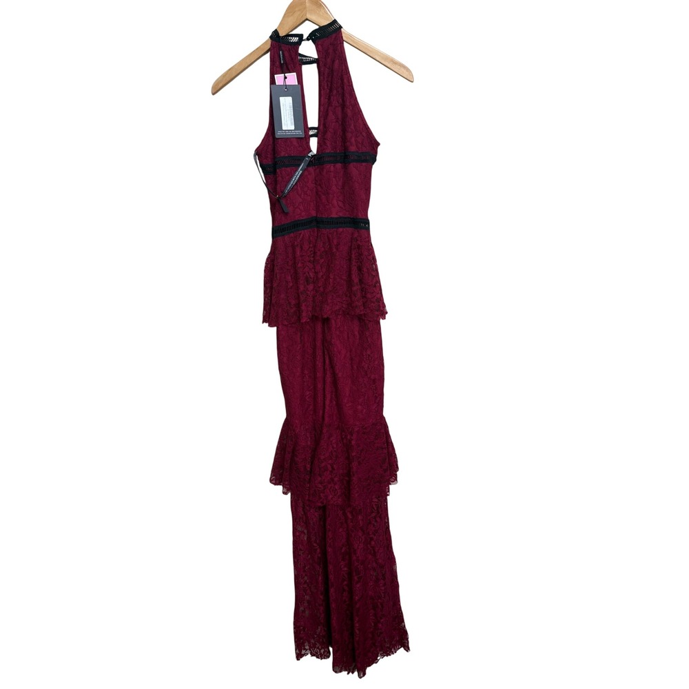 NWT PrettyLittleThing Burgundy Lace Ruffle Detail Plunge Maxi Dress Size 8 - Picture 3 of 11